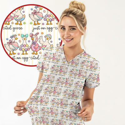 Cute Easter Goose Egg Pattern Scrubs Top, Breathable Fabrics Nursing Uniform