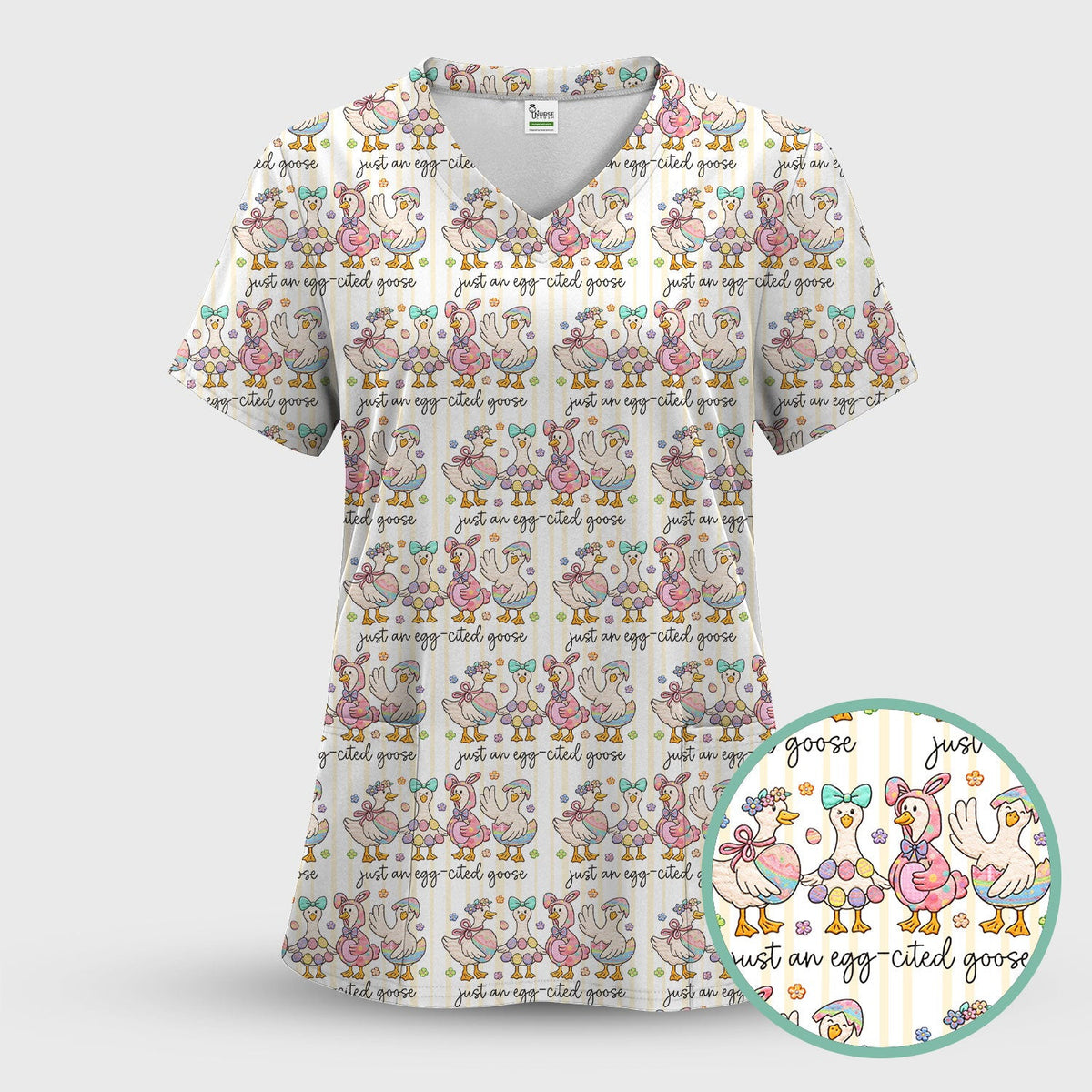 Cute Easter Goose Egg Pattern Scrubs Top, Breathable Fabrics Nursing Uniform