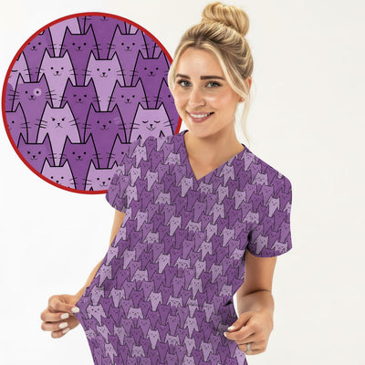 Cute Purple Cats Pattern Scrubs Top, Comfortable Scrubs for Nurses