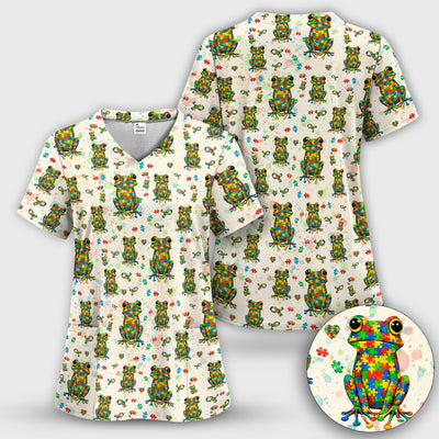 Colorful Autism Puzzle Frog Pattern Scrubs Top, Comfortable Scrubs for Nurses