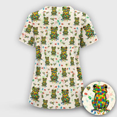 Colorful Autism Puzzle Frog Pattern Scrubs Top, Comfortable Scrubs for Nurses