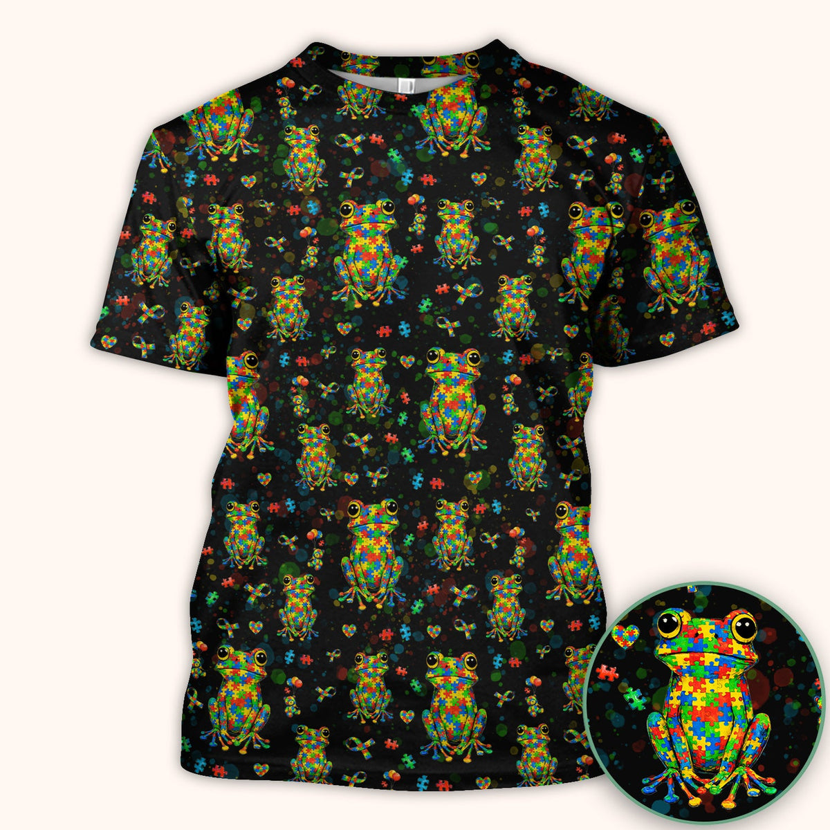 Colorful Autism Puzzle Frog Pattern Scrubs Top, Comfortable Scrubs for Nurses
