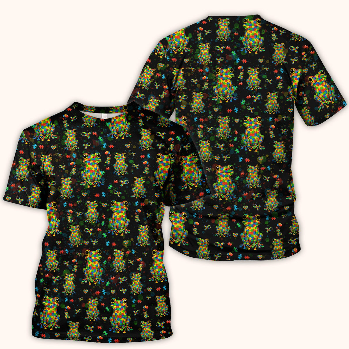 Colorful Autism Puzzle Frog Pattern Scrubs Top, Comfortable Scrubs for Nurses