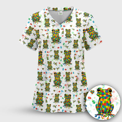 Colorful Autism Puzzle Frog Pattern Scrubs Top, Comfortable Scrubs for Nurses