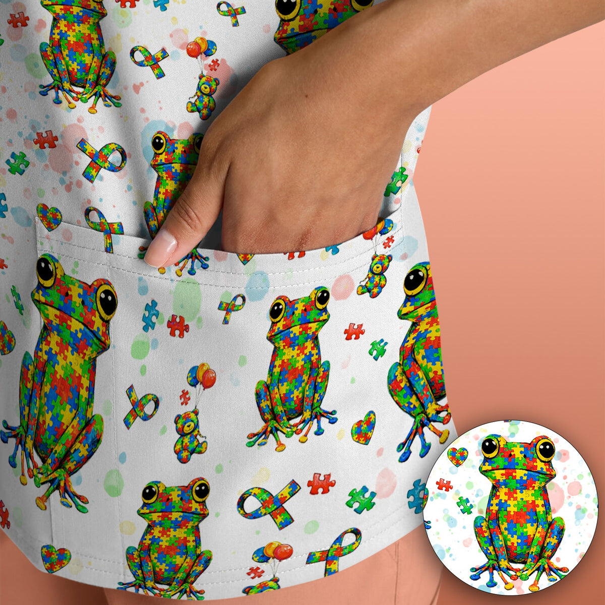 Colorful Autism Puzzle Frog Pattern Scrubs Top, Comfortable Scrubs for Nurses