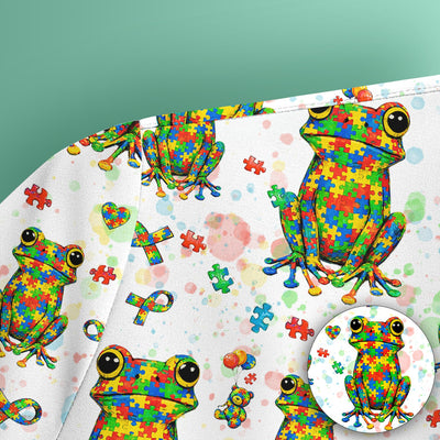 Colorful Autism Puzzle Frog Pattern Scrubs Top, Comfortable Scrubs for Nurses