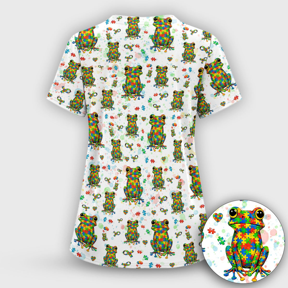Colorful Autism Puzzle Frog Pattern Scrubs Top, Comfortable Scrubs for Nurses