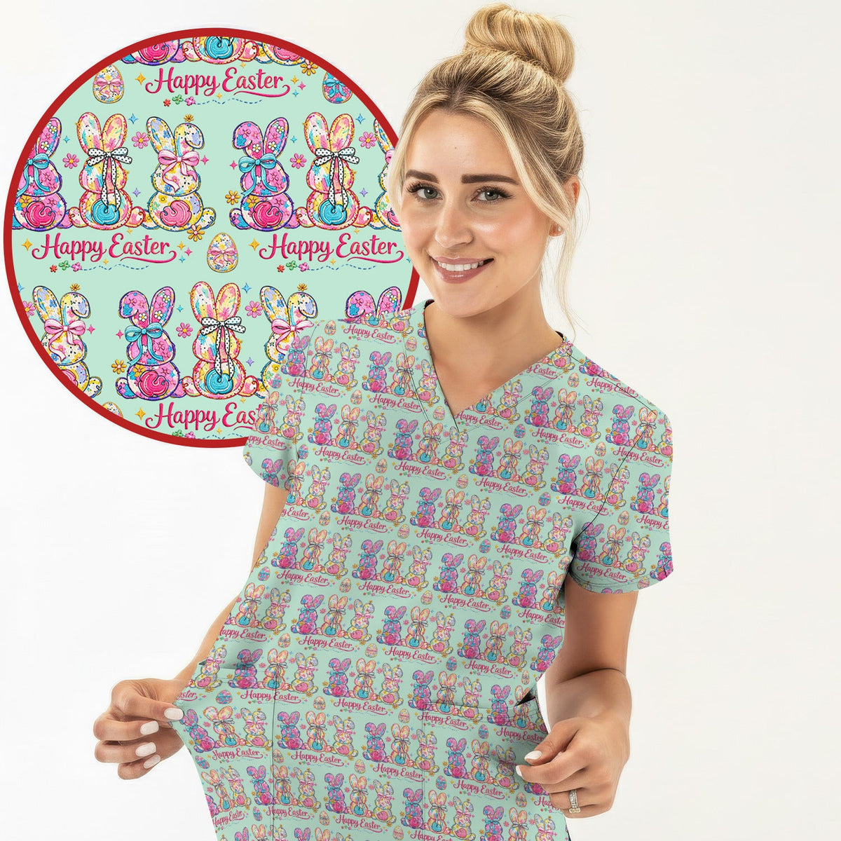 Pink Happy Easter Bunny Pattern Scrub Top, Comfortable Scrubs for Nurses