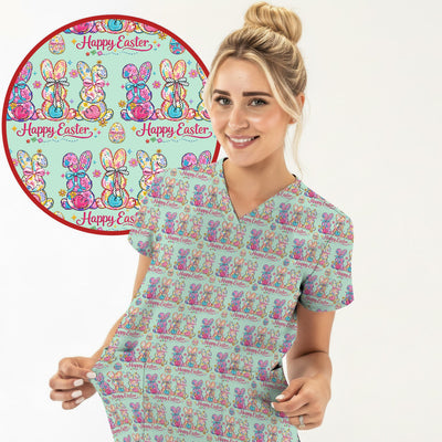 Pink Happy Easter Bunny Pattern Scrub Top, Comfortable Scrubs for Nurses