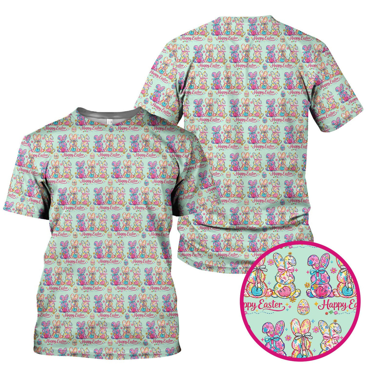 Pink Happy Easter Bunny Pattern Scrub Top, Comfortable Scrubs for Nurses