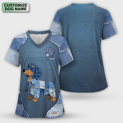Custom Dog Name Denim Dachshund Print Scrub Top, Comfortable Scrubs for Nurses