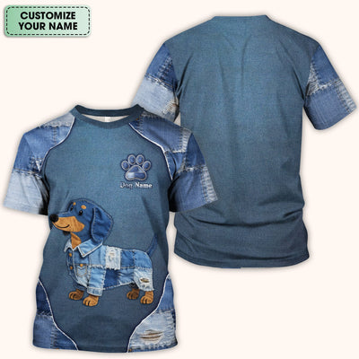 Custom Dog Name Denim Dachshund Print Scrub Top, Comfortable Scrubs for Nurses