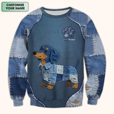 Custom Dog Name Denim Dachshund Print Scrub Top, Comfortable Scrubs for Nurses
