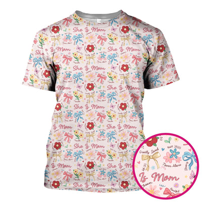 She Is Mom Floral Bow Pattern Scrub Top, Comfortable Scrubs for Nurses