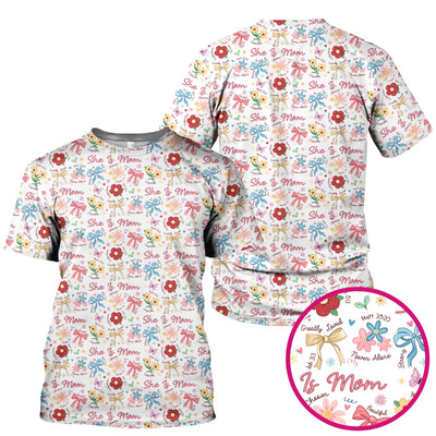 She Is Mom Floral Bow Pattern Scrub Top, Comfortable Scrubs for Nurses