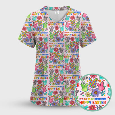 Happy Easter Bunny Floral Print Scrub Top, Breathable Fabrics Nursing Uniform