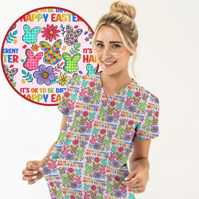 Happy Easter Bunny Floral Print Scrub Top, Breathable Fabrics Nursing Uniform