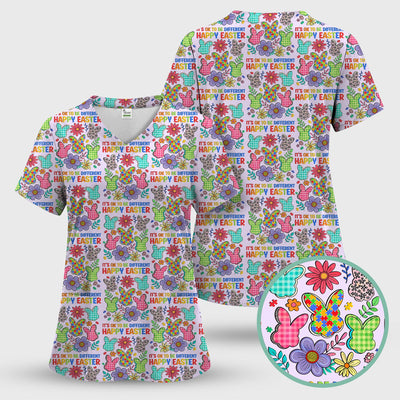 Happy Easter Bunny Floral Print Scrub Top, Breathable Fabrics Nursing Uniform