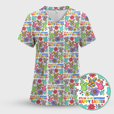 Happy Easter Bunny Floral Print Scrub Top, Breathable Fabrics Nursing Uniform