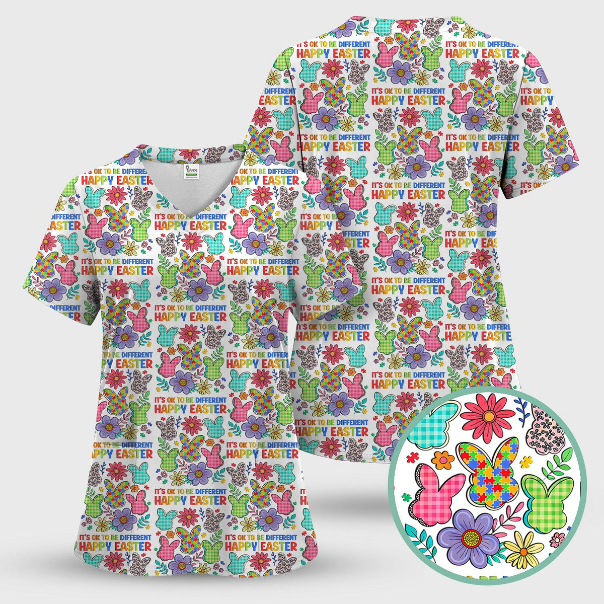 Happy Easter Bunny Floral Print Scrub Top, Breathable Fabrics Nursing Uniform