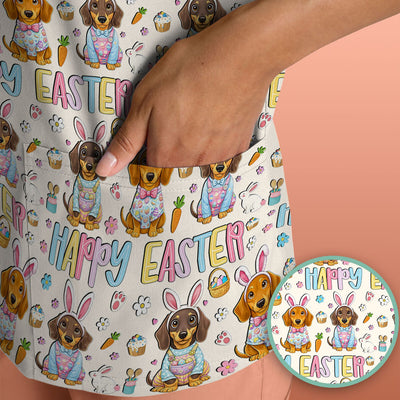 Happy Easter Dachshund Bunny Print Scrub Top, Comfortable Scrubs for Nurses