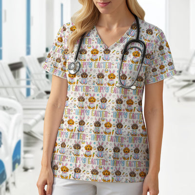 Happy Easter Dachshund Bunny Print Scrub Top, Comfortable Scrubs for Nurses