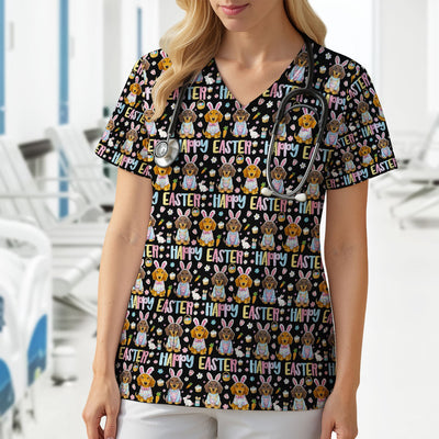 Happy Easter Dachshund Bunny Print Scrub Top, Comfortable Scrubs for Nurses