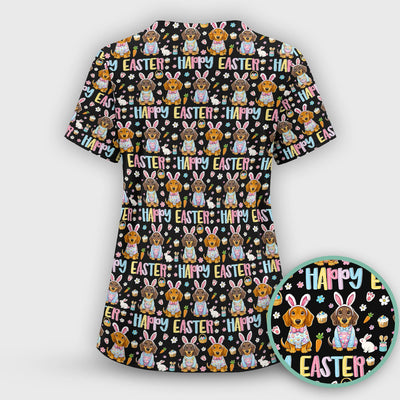 Happy Easter Dachshund Bunny Print Scrub Top, Comfortable Scrubs for Nurses