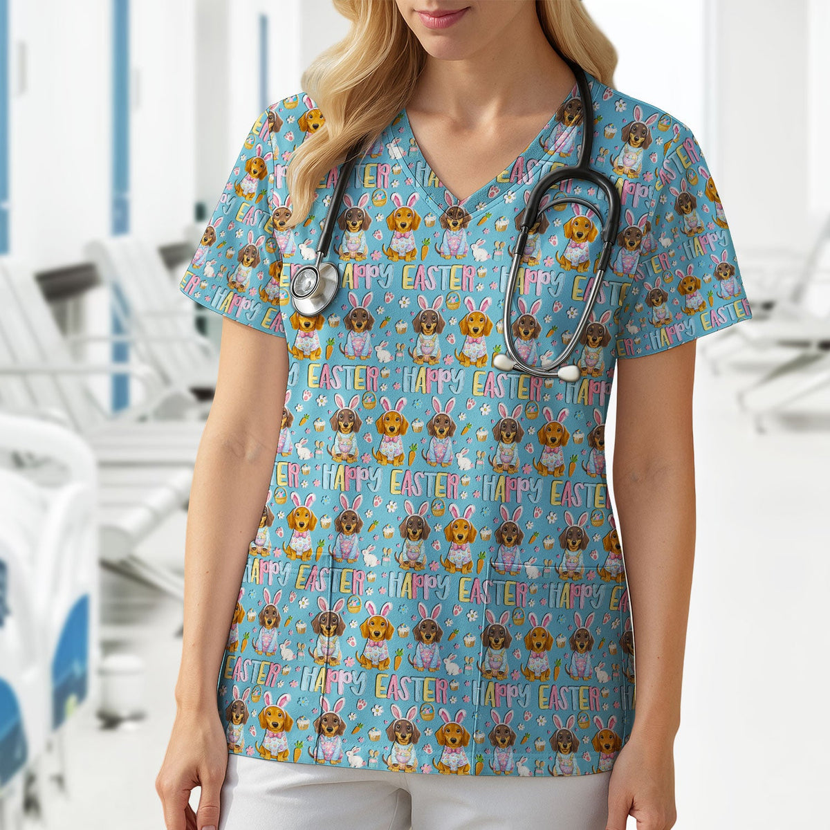 Happy Easter Dachshund Bunny Print Scrub Top, Comfortable Scrubs for Nurses