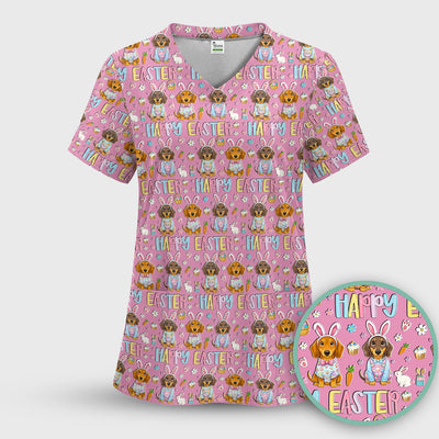 Happy Easter Dachshund Bunny Print Scrub Top, Comfortable Scrubs for Nurses