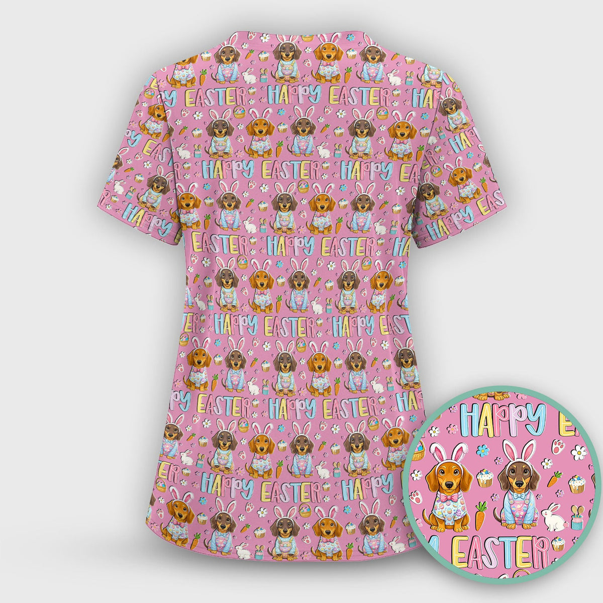 Happy Easter Dachshund Bunny Print Scrub Top, Comfortable Scrubs for Nurses