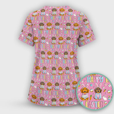 Happy Easter Dachshund Bunny Print Scrub Top, Comfortable Scrubs for Nurses