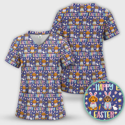 Happy Easter Dachshund Bunny Print Scrub Top, Comfortable Scrubs for Nurses