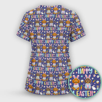Happy Easter Dachshund Bunny Print Scrub Top, Comfortable Scrubs for Nurses