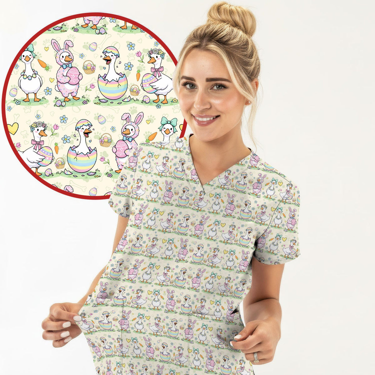 Pastel Easter Goose Bunny Egg Pattern Scrub Top, Comfortable Scrubs for Nurses