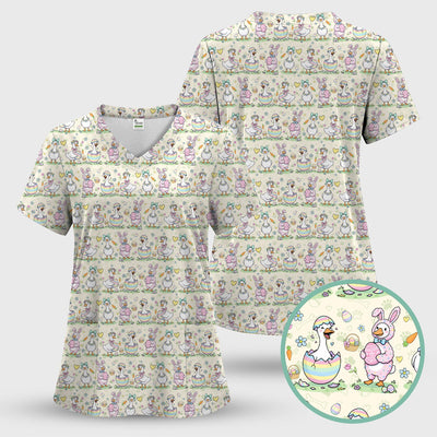 Pastel Easter Goose Bunny Egg Pattern Scrub Top, Comfortable Scrubs for Nurses