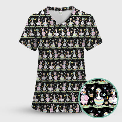Pastel Easter Goose Bunny Egg Pattern Scrub Top, Comfortable Scrubs for Nurses