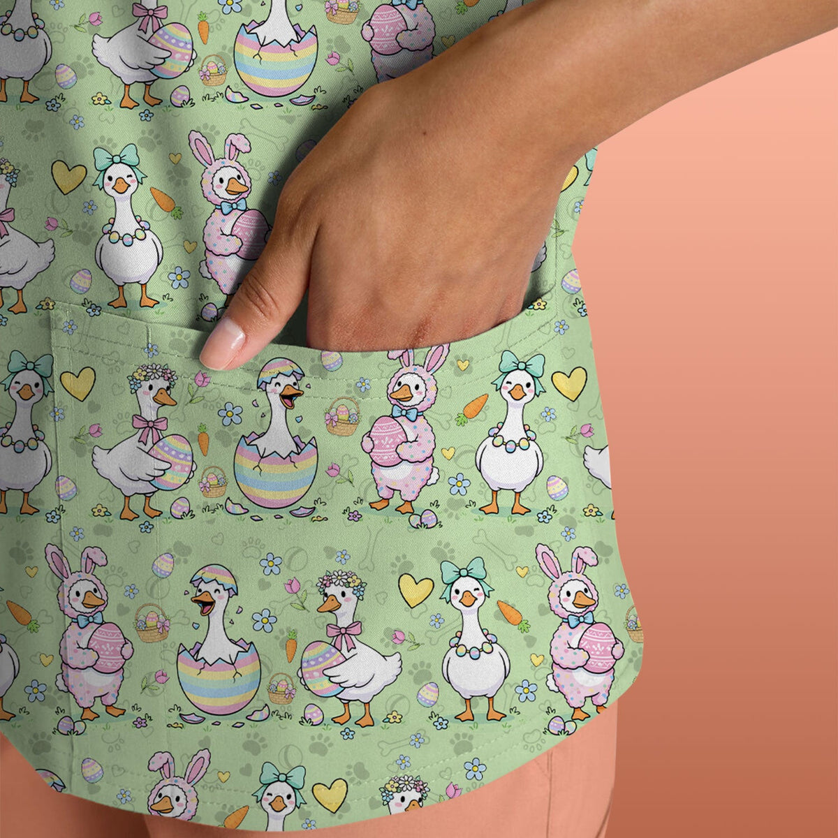 Pastel Easter Goose Bunny Egg Pattern Scrub Top, Comfortable Scrubs for Nurses