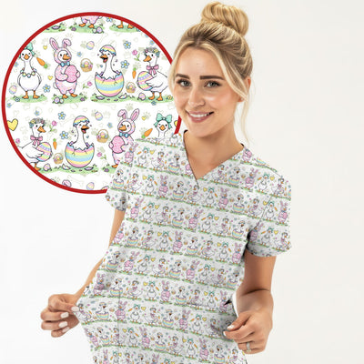 Pastel Easter Goose Bunny Egg Pattern Scrub Top, Comfortable Scrubs for Nurses