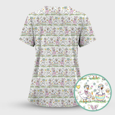 Pastel Easter Goose Bunny Egg Pattern Scrub Top, Comfortable Scrubs for Nurses