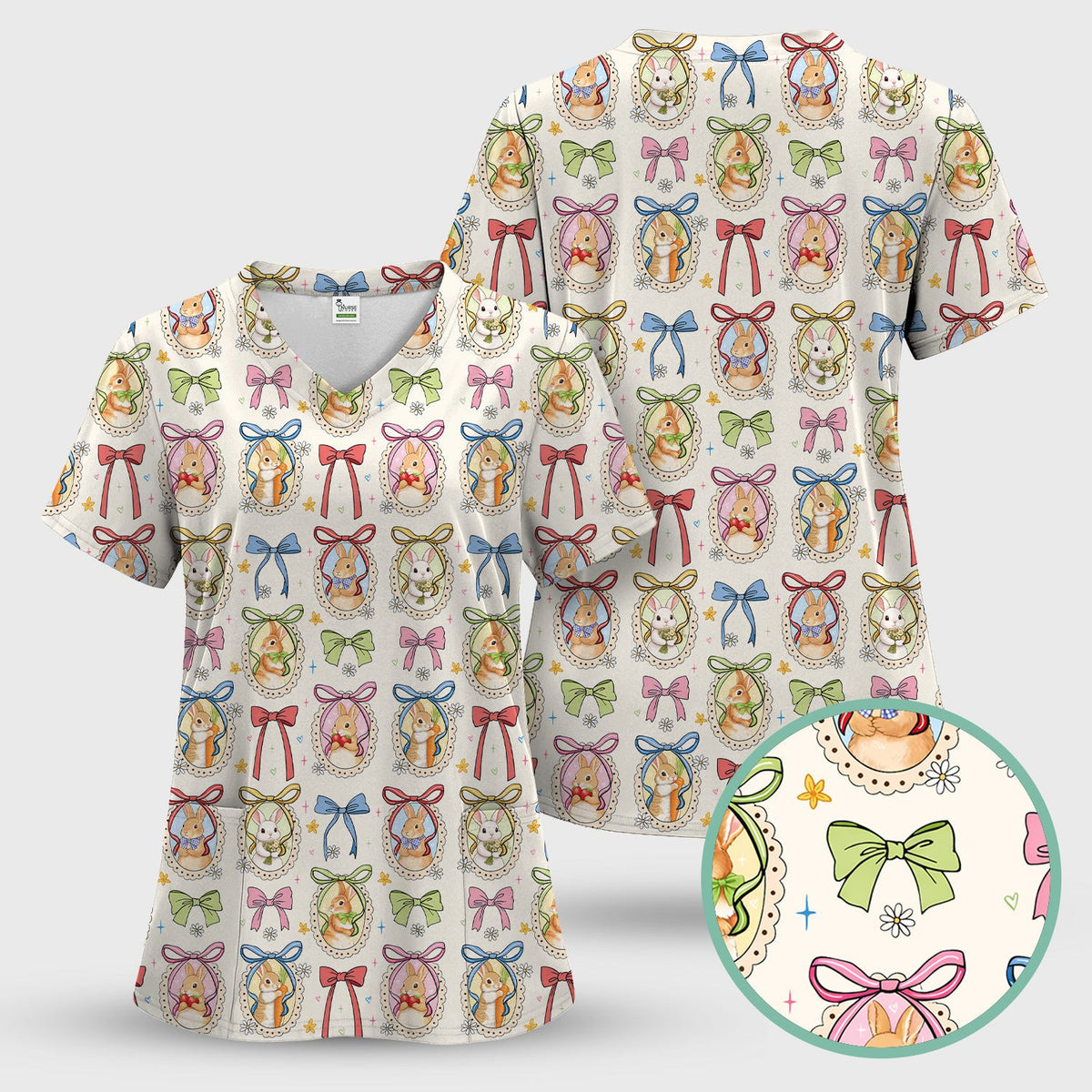 Cute Easter Bunny Cameo Colorful Bow Pattern Scrub Top, Breathable Fabrics Nursing Uniform
