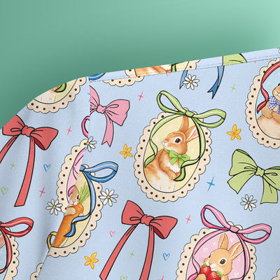 Cute Easter Bunny Cameo Colorful Bow Pattern Scrub Top, Breathable Fabrics Nursing Uniform