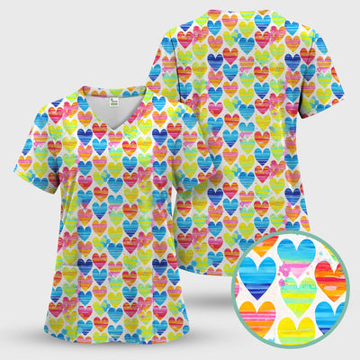 Bright Multicolor Rainbow Heart All Over Print Pattern Scrub, Comfortable Scrubs for Nurses