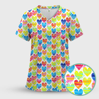 Bright Multicolor Rainbow Heart All Over Print Pattern Scrub, Comfortable Scrubs for Nurses
