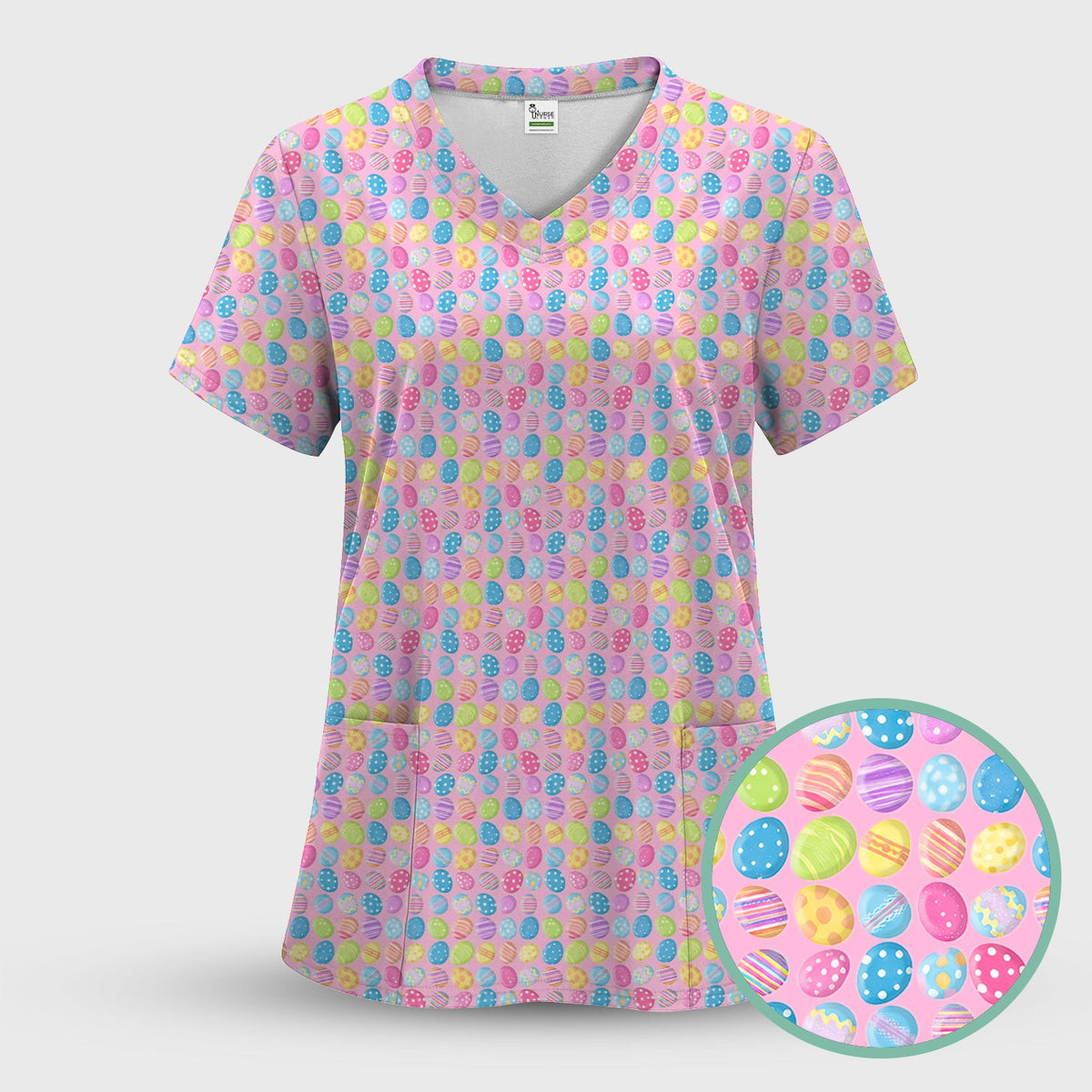 Colorful Easter Eggs Pattern Scrub Top, Comfortable Scrubs for Nurses