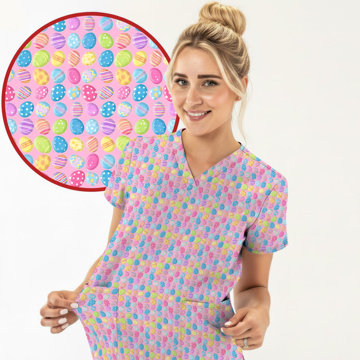 Colorful Easter Eggs Pattern Scrub Top, Comfortable Scrubs for Nurses