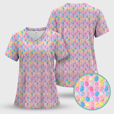 Colorful Easter Eggs Pattern Scrub Top, Comfortable Scrubs for Nurses