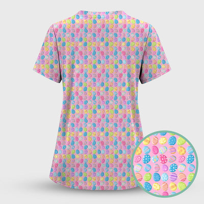 Colorful Easter Eggs Pattern Scrub Top, Comfortable Scrubs for Nurses