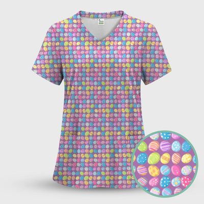 Colorful Easter Eggs Pattern Scrub Top, Comfortable Scrubs for Nurses