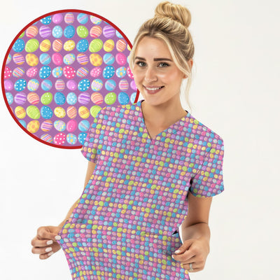 Colorful Easter Eggs Pattern Scrub Top, Comfortable Scrubs for Nurses